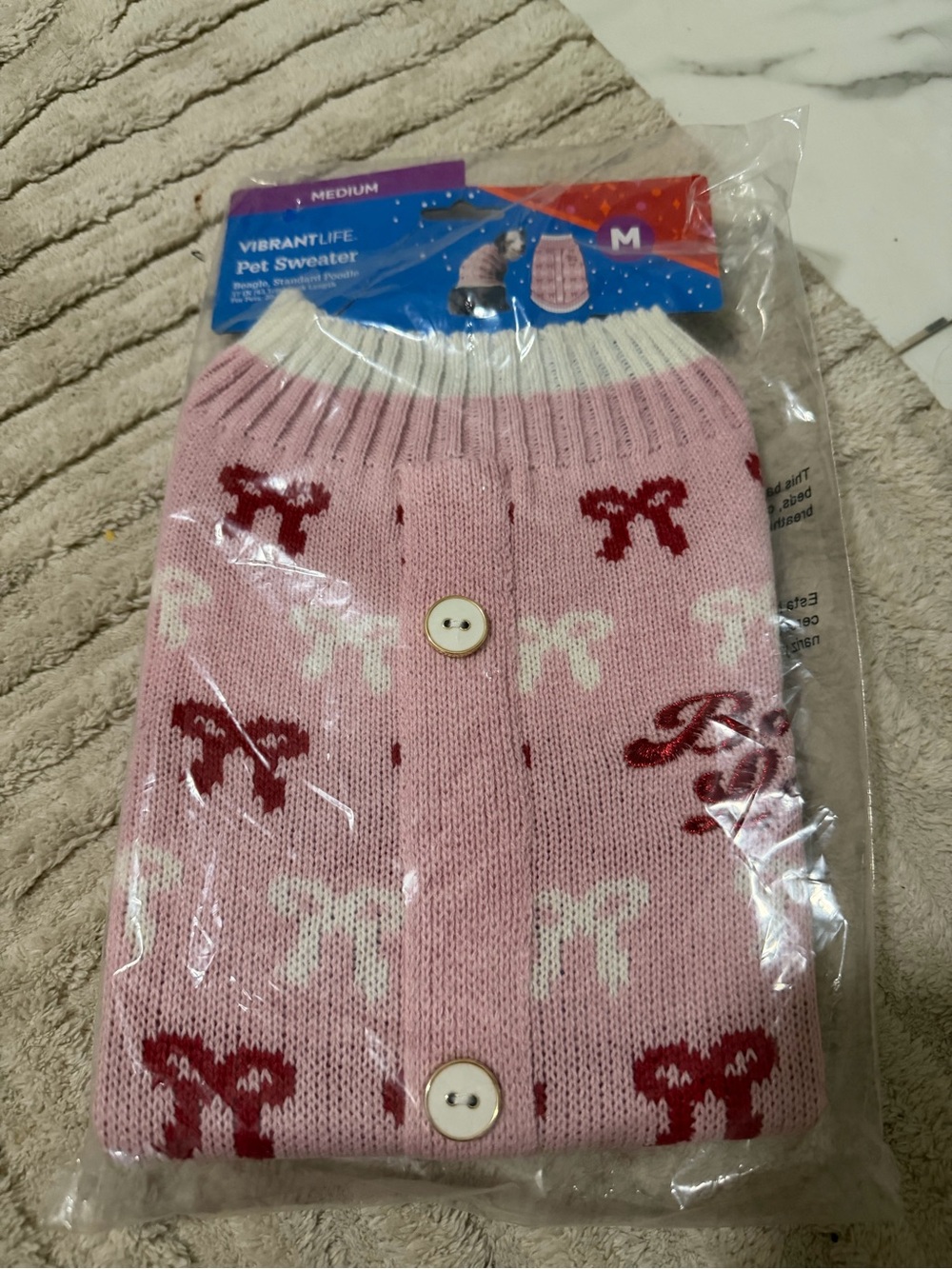 Vibrant Life Pink Bow Knit Dog Sweater NWT Medium 20–50 lb Button Front